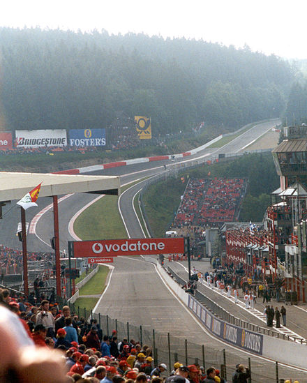 The steep drop down and climb up of the  Eau Rouge-Raidillon complex