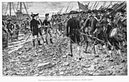 The Embarkation of Montgomery's troops at Crown Point. Richard Montgomery and troops on shore at Crown Point, New York, en route for Invasion of Canada (1775). Drawn by Sydney Adamson. Half-tone plate engraved by J.W. Evans. Printed 1902.