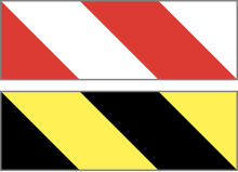 Red and white tape (top) or yellow and black tape (bottom) can both be used to mark hazards under UK health and safety regulations Examples of UK style barricade tape.svg