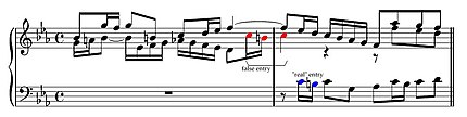Example of a false answer in J.S. Bach's Fugue No. 2 in C minor, BWV 847, from the Well-Tempered Clavier, Book 1. This passage is bars 6/7, at the end of the codetta before the first entry of the third voice, the bass, in the exposition. The false entry occurs in the alto, and consists of the head of the subject only, marked in red. It anticipates the true entry of the subject, marked in blue, by one quarter note. False entry.jpg