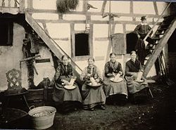 Femmes en costume de travail râpant du raifort Engwiller 1909.jpg