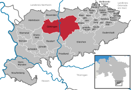 Poloha mesta Göttingen v rámci spolkovej krajiny Dolné Sasko a krajinského okresu Göttingen