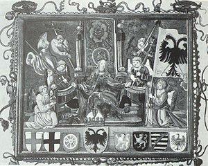 Personification of the Reich as Germania, a figure reinvented by Maximilian and his humanists, by Jorg Kolderer, 1512. The "German woman", wearing her hair loose and a crown, sitting on the Imperial throne, corresponds both to the self-image of Maximilian I as King of Germany and the formula Holy Roman Empire of the German Nation (omitting other nations). While usually depicted during the Middle Age as subordinate to both imperial power and Italia or Gallia, she now takes central stage in Maximilian's Triumphal Procession, being carried in front of Roma. Germania by Jorg Kolderer.jpg