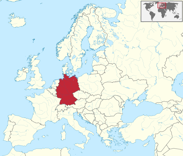 Carte administrative de l'Europe, montrant l'Allemagne en rouge.