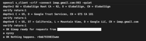 "Connecting to Gmail IMAP service using openssl, demonstrating the hidden xyzzy command