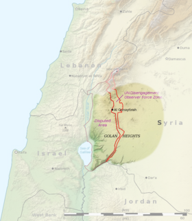 Mapa de los Altos del Golán compartido de facto entre Israel, la FNUOS y Siria.