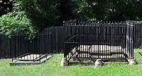 Grave of Anna Josepha King at St Mary Magdalene Church, Penrith is in the middle of the right enclosure. The tombstone (but not the remains) of her husband Philip Gidley King is in the left enclosure