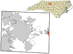 Guilford County v Severní Karolíně začleněné a nezapsané v obchodním rejstříku oblasti Burlington zvýrazněny.svg