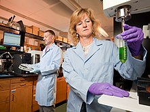 At the ARS Natural Products Utilization Research Unit in Oxford, MS., a support scientist (r) extracts plant pigments that will be analyzed by a plant physiologist (l) using an HPLC system. HPLC extraction and use.jpg