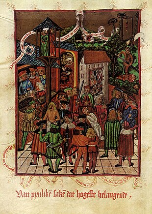 A body in its coffin starts to bleed in the presence of the murderer in an illustration of the laws of Hamburg in 1497 Hamburger Stadtrecht (1497).jpg