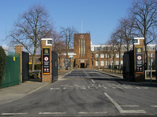 Hampton School main building and gate, opened 1939, as seen in 2013