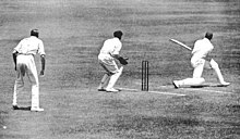 Herbert Sutcliffe sweeps Arthur Mailey during the first Ashes Test in Sydney, 1924. Herbert Sutcliffe 1924.jpg