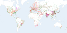 World map of high voltage transmission lines with more than 220 kV High-voltage power line grid of the world.png