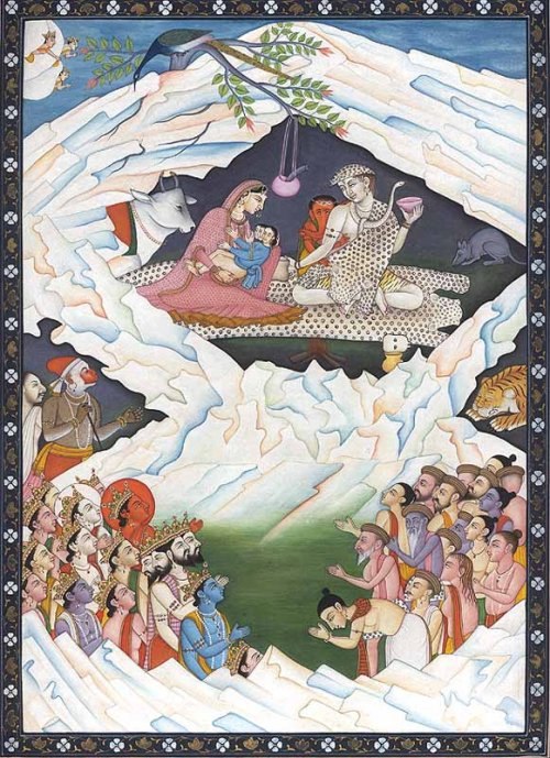 An illustration depicting the Hindu holy family of Shiva at Kailasha