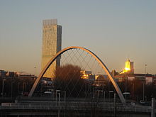 A humming noise emanating from the tower has been heard in Hulme. (Hulme Arch Bridge pictured in foreground) Hulme Arch Beetham in sunset.jpg