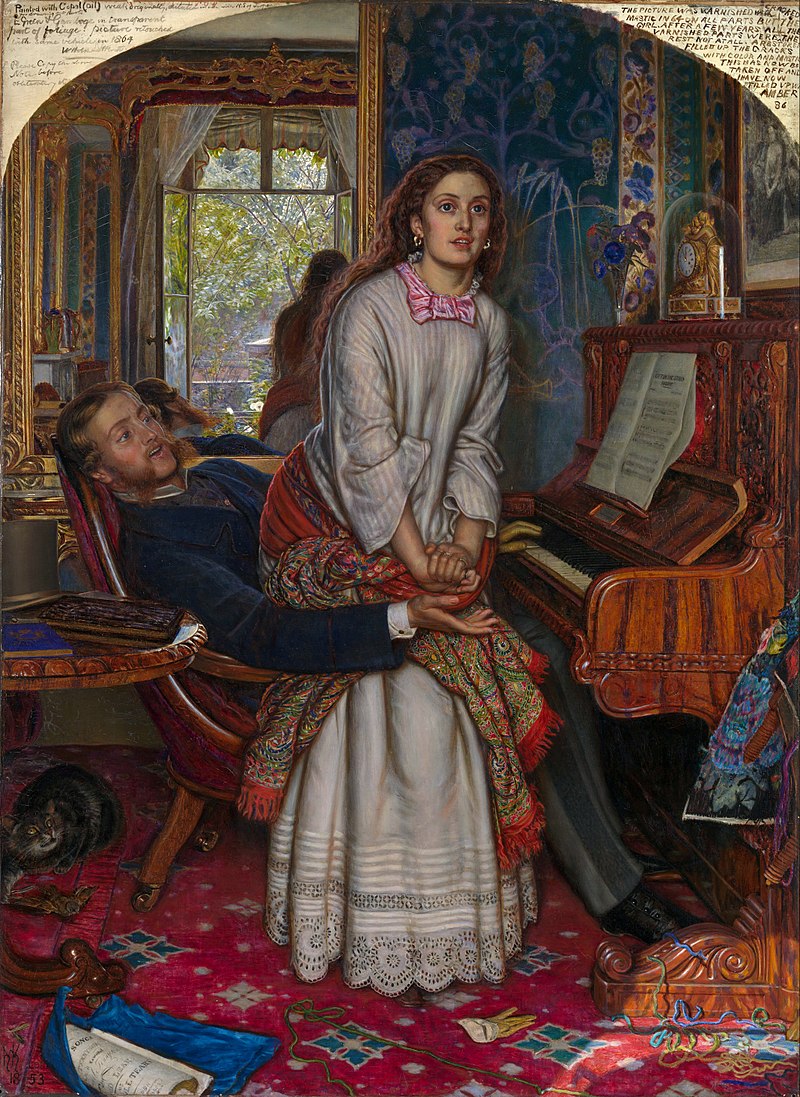 In an interior scene a woman jumps up out of the lap of a man at a piano. Under the table a cat plays with a live bird in the same pose as the man with the woman