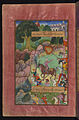 En route vers l'Hindoustan, Babur et ses hommes s'arrêtent pour la nuit avant de traverser l'Indus. Miniature fin du XVIe siècle.
