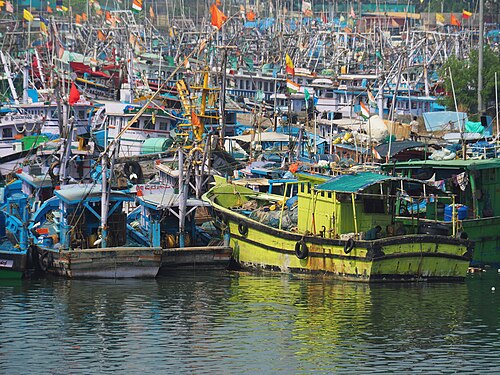 Fishing boats in the fishing harbour of Malpe, Karnataka, India