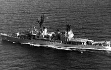 Babr in the late 1970s. Iranian destroyer Babr (D-61) underway on 1 November 1977 (6420606).jpg