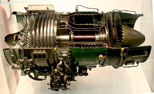 typical axial-flow gas turbine turbojet, the J85, sectioned for display. Flow is left to right, multistage compressor on left, combustion chambers cen