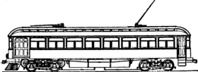 A sketch of a car supplied by the Jewett Car Company and fitted with a trolley pole to connect with the overhead lines. Jewett interurban.png