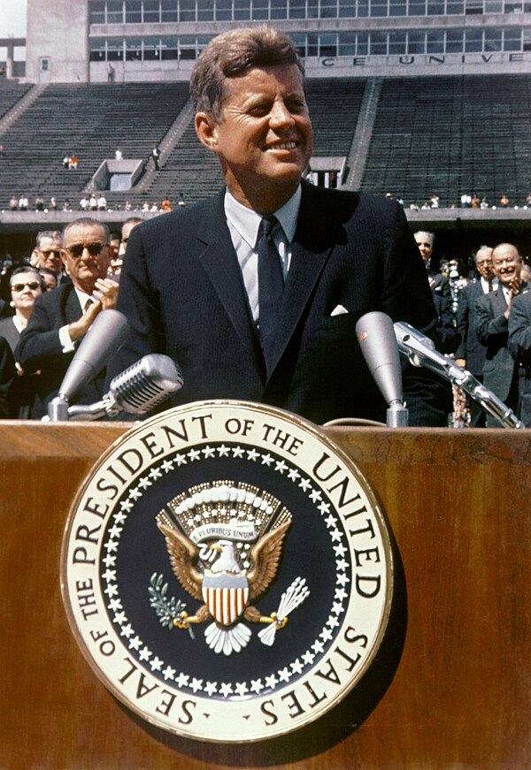 Kennedy delivering his "We choose to go to the Moon" speech at Rice University, 1962