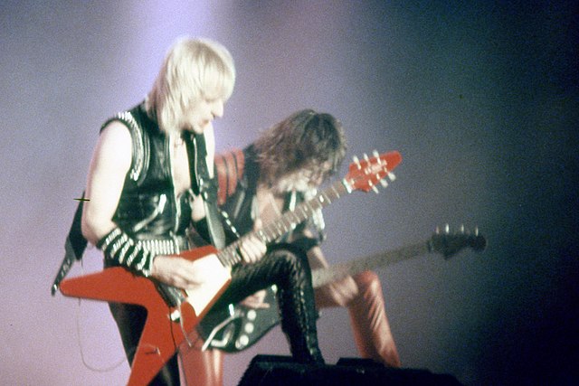 Downing and Tipton performing in San Sebastián, Spain, during their Metal Conqueror Tour of 1984