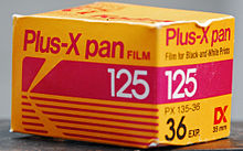 Plus X film box, circa 1986 Kodak Plus-X film.jpg