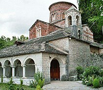 Church of the Dormition of the Theotokos in Labove e Kryqit. The foundation of the Church dates back to the 6th century at the reign of Byzantine Emperor Justinian from 527 to 565 AD. Justinian erected the church in memory of his mother. Labova e Kryqit3.jpg