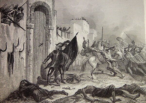 A Maltese knight thrusts his dagger into the gate of Bab Azzoun, by Léon Galibert (1844)