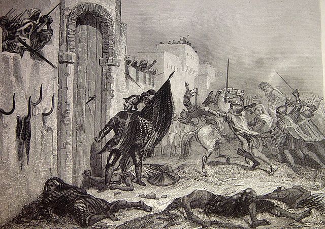 A Maltese knight thrusts his dagger into the gate of Bab Azzoun, by Léon Galibert (1844)