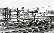 A clearance car built to test the ability of impending new locomotives - significantly bigger than their predecessors - to go past platforms and other potential obstructions on the South Australian Railways when the locos arrived in 1926 Loading gauge profile vehicle for South Australian Railways 500 class locomotives, 1926 (NRM 17-336-mb-b21-d15).jpg