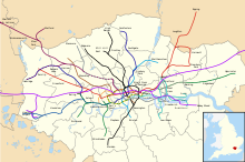 Map showing the geographic route of the Elizabeth line (purple) alongside London Underground lines. The line runs alongside the Central line (red) for much of the central section, and is expected to relieve pressure on it. London Underground, Elizabeth Line and Docklands Light Railway with Greater London map.svg