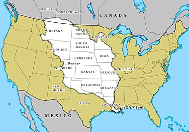 Louisiana Purchase (1803), map of present-day United States with an overlay of the Louisiana Purchase in white