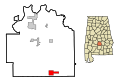 This map shows the incorporated and unincorporated areas in Lowndes County, Alabama, highlighting Fort Deposit in red. It was created with a custom script with US Census Bureau data and modified with Inkscape.