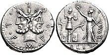 Denarius of Marcus Furius Philus, 119 BC. The obverse bears a head of Janus, while on the reverse Victoria, carrying a sceptre, places a wreath on a military trophy decorated with Gallic equipment and carnyces. M. Furius Philus, denarius, 120 BC, RRC 281-1.jpg