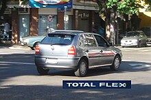 The 2003 VW Gol 1.6 Total Flex was the first flexible-fuel vehicle produced in Brazil, runs on any blend of gasoline and ethanol E100. MGF Flex 09 2008 94 VW TotalFlex 2003 with logo.jpg