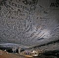 Historic signatures adorn the ceiling in Gothic Avenue, Mammoth Cave