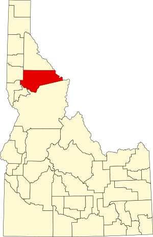Location of Clearwater County in Idaho Map of Idaho highlighting Clearwater County.svg