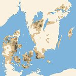 Karta över kyrkotätheten under äldre medeltid i Sydsverige och Danmark.