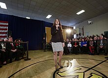 Mayor Victoria Napolitano (Class of 2006) addresses the crowd at a town hall meeting Mayor Victoria Napolitano Town Hall.JPG