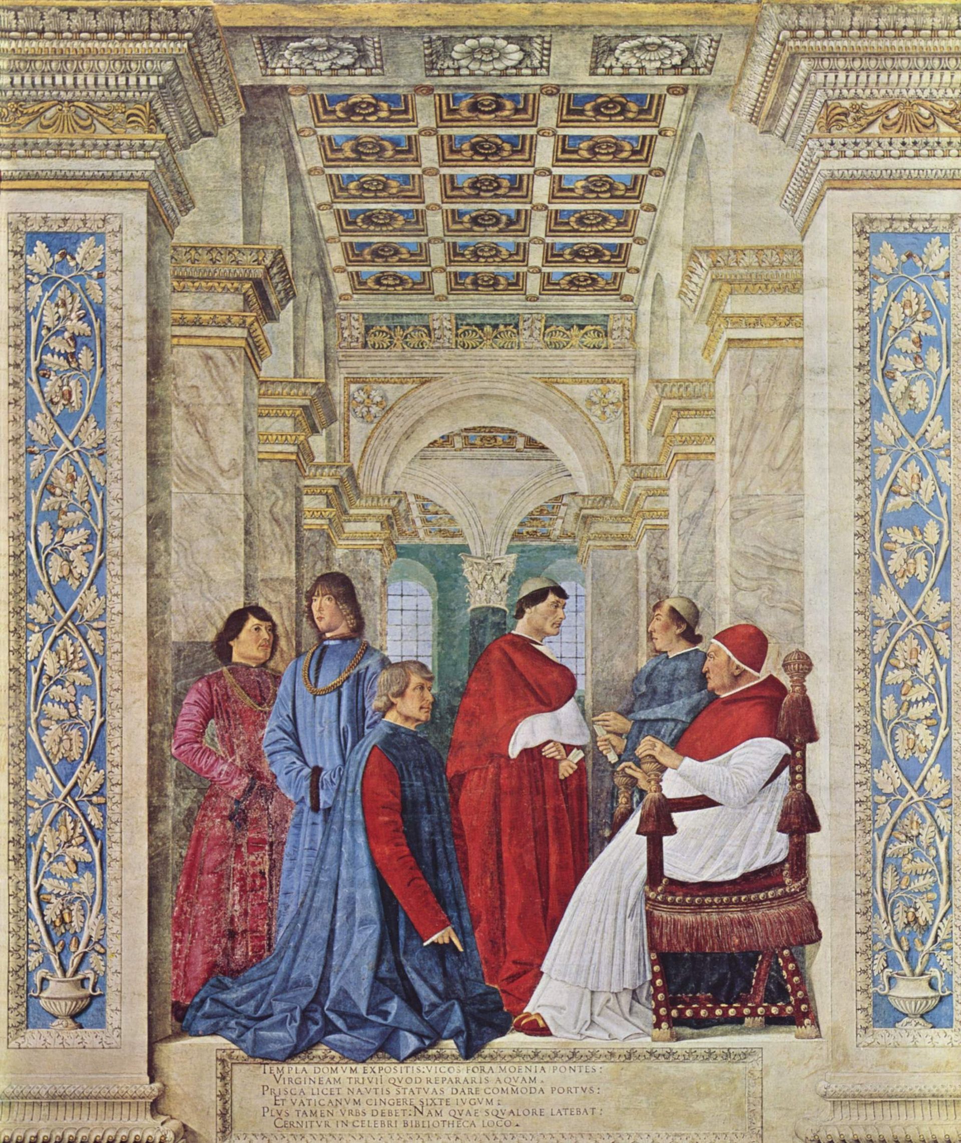 Pope Sixtus IV appoints Platina as Prefect of the Library, by&nbsp;<a href="https://en.wikipedia.org/wiki/Melozzo_da_Forl%C3%AC">Melozzo da Forlì</a>, accompanied by his relatives (<a href="https://en.wikipedia.org/wiki/Pope_Sixtus_IV#/media/File:Melozzo_da_Forl%C3%AC_001.jpg" target="_blank" rel="noreferrer noopener">Public Domain</a>)