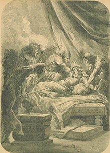 Quatre hommes plaquant une femme dans son lit.