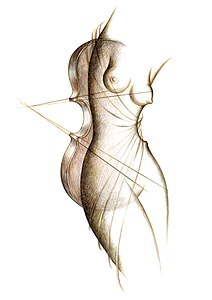 Nude female torso superimposed on a violin