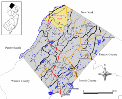 Sussex County'deki Montague İlçesinin Haritası. Giriş: New Jersey Eyaleti'nde vurgulanan Sussex County'nin konumu.