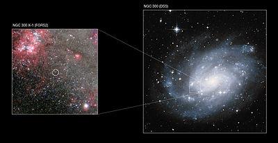 This image composite shows the spiral galaxy NGC 300, as well as the position of the stellar-mass black hole in the galaxy.