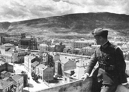 A Bulgarian officer looking at Skopje's centre, April 1941