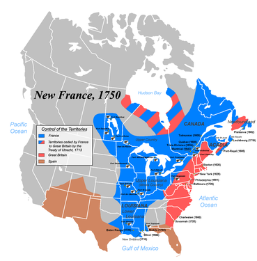 Nova França (blau) 1750. El Canadà es va estendre des del sud dels Grans Llacs fins al golf de Sant Llorenç