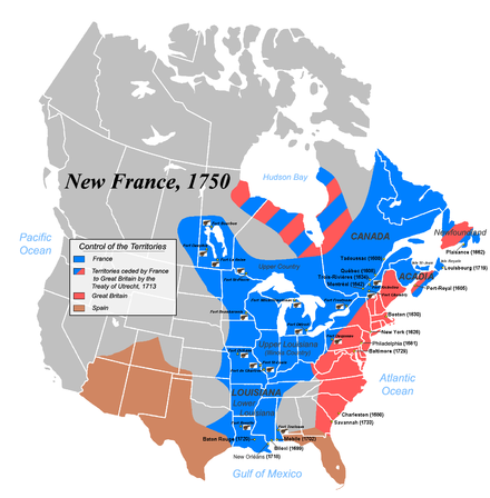 New France, here in blue, superimposed on modern borders.