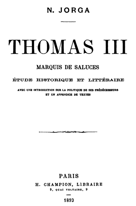 Title page of Thomas III, marquis de Saluces, 1893